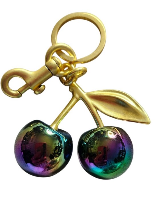 Accessories - Gold Cherry Keychain with Iridescent Rainbow Cherries NEW